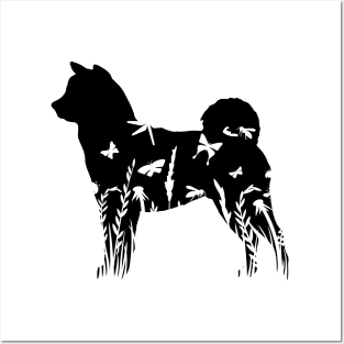 Floral Akita puppy silhouette flowers pattern Posters and Art